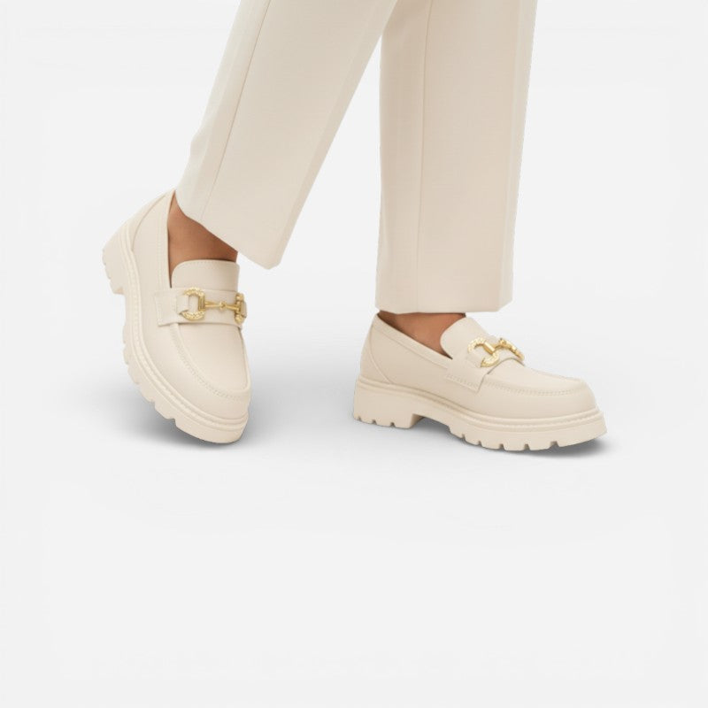 Mocassin Compensé En Cuir Blanc Et Chainette Pour Femme