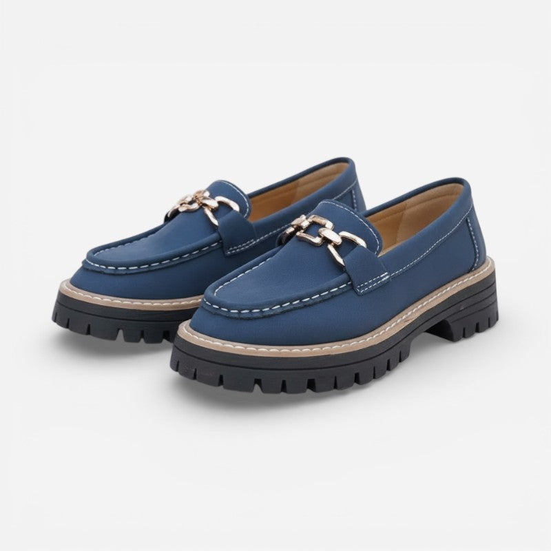 Mocassin En Daim Bleu Marine Chainette Plateforme Pour Femme