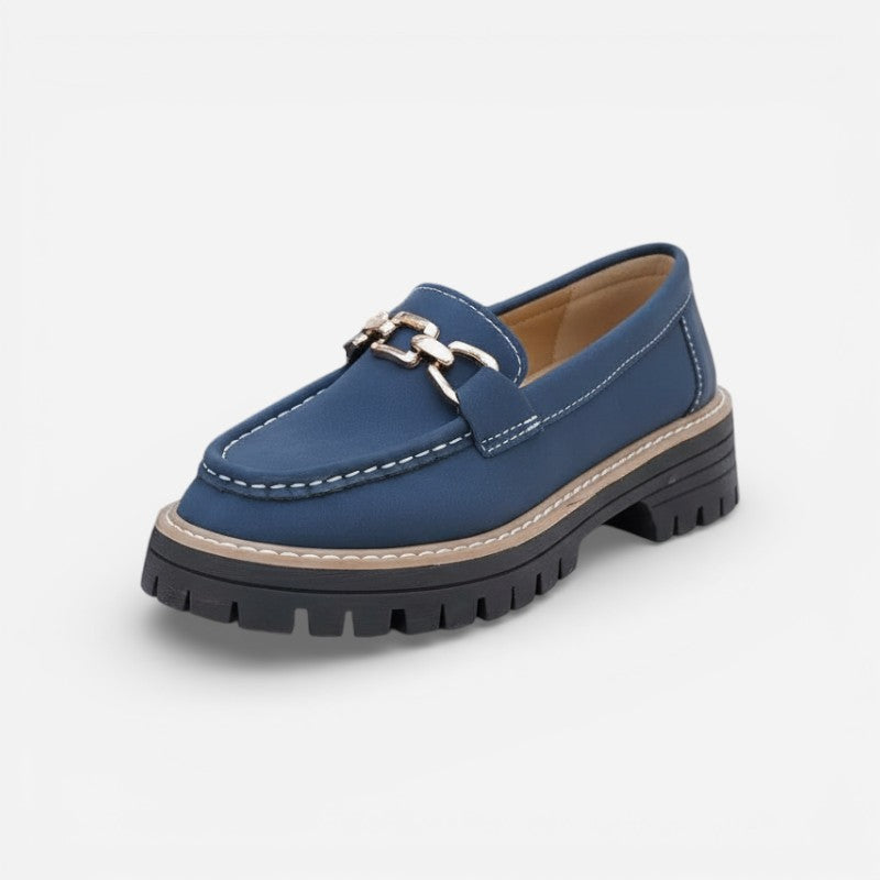 Mocassin En Daim Bleu Marine Chainette Plateforme Pour Femme