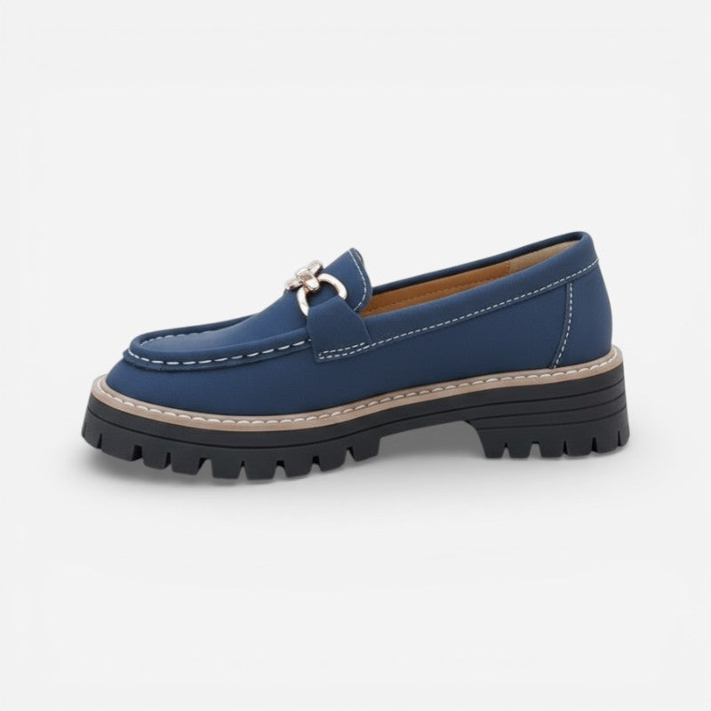 Mocassin En Daim Bleu Marine Chainette Plateforme Pour Femme