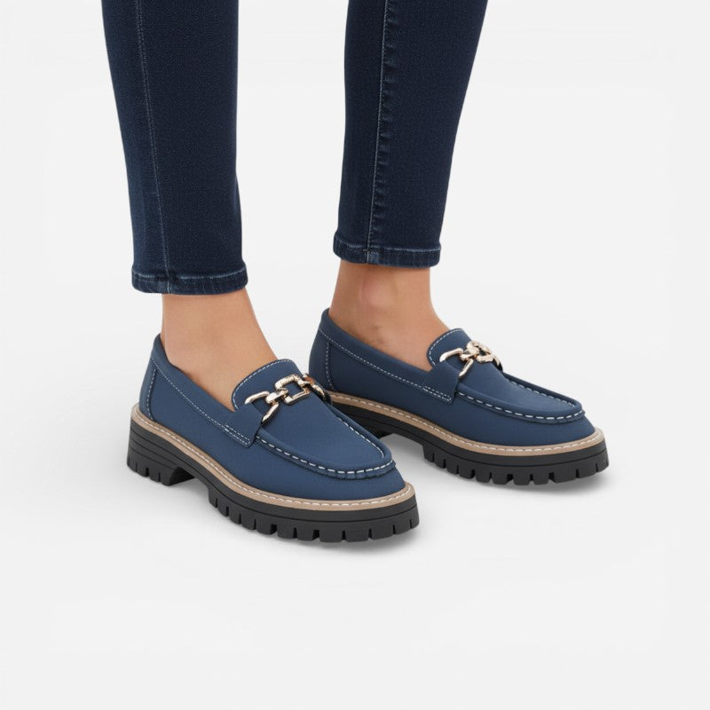 Mocassin En Daim Bleu Marine Chainette Plateforme Pour Femme