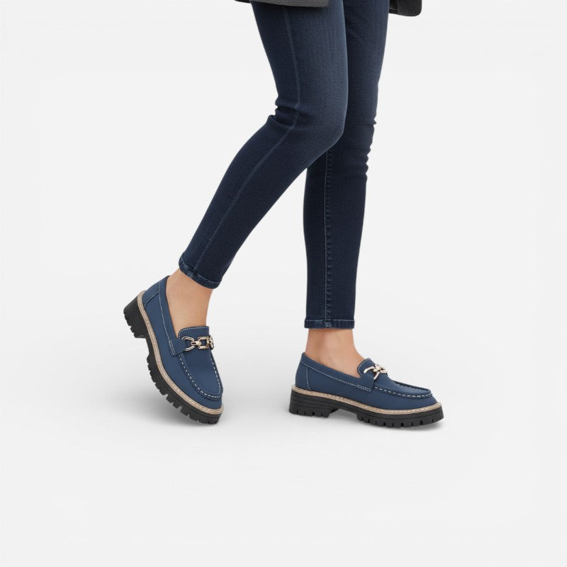 Mocassin En Daim Bleu Marine Chainette Plateforme Pour Femme