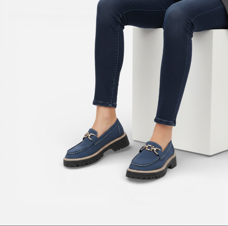 Mocassin En Daim Bleu Marine Chainette Plateforme Pour Femme