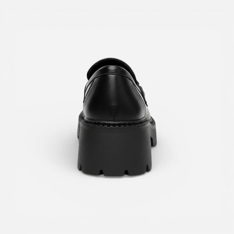 Mocassin Cuir Mat Noir Plateforme Chainette Argentée Femme