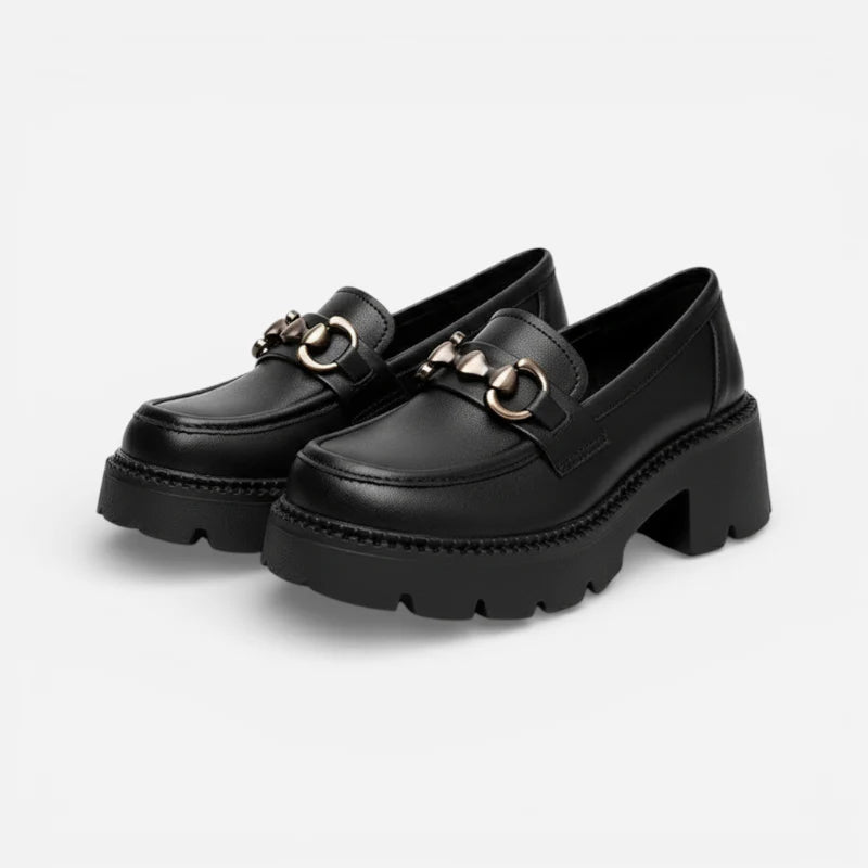 Mocassin Cuir Mat Noir Plateforme Chainette Argentée Femme