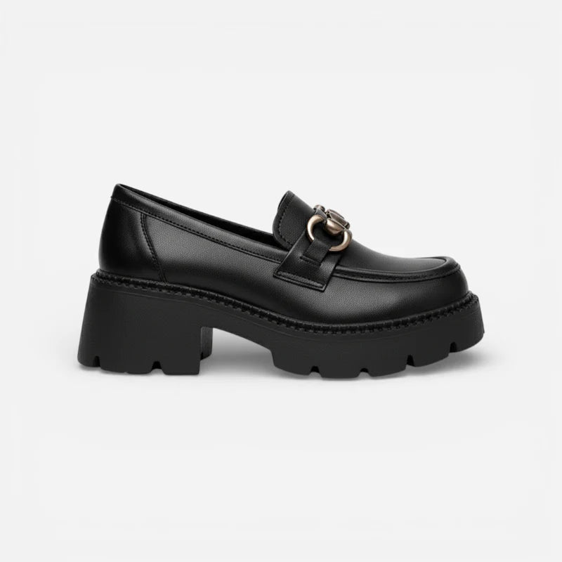 Mocassin Cuir Mat Noir Plateforme Chainette Argentée Femme