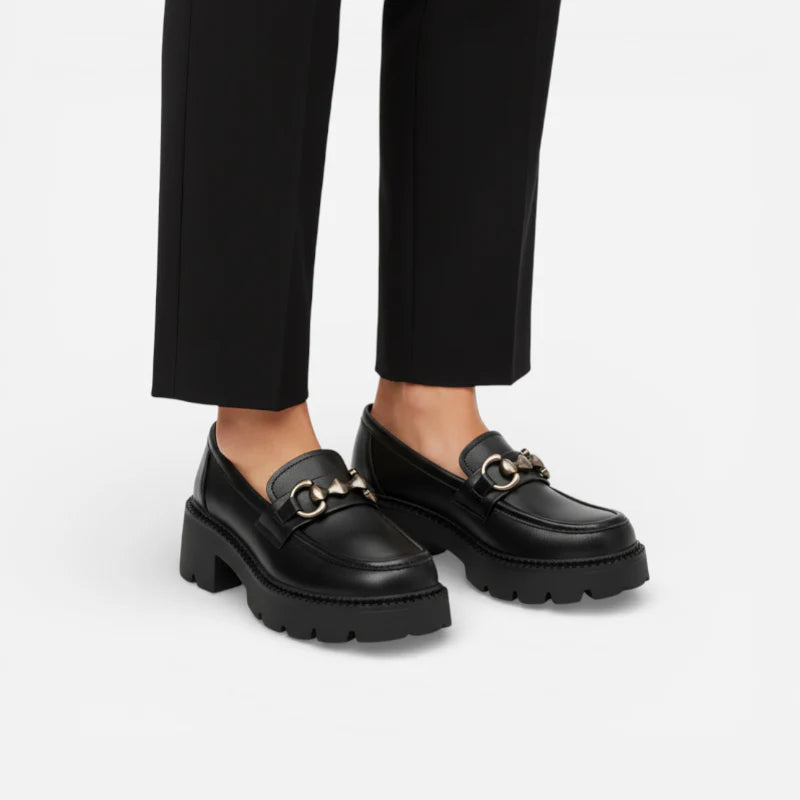 Mocassin Cuir Mat Noir Plateforme Chainette Argentée Femme