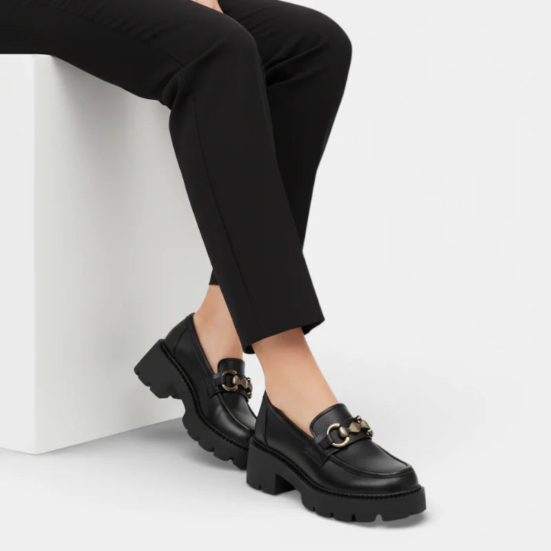 Mocassin Cuir Mat Noir Plateforme Chainette Argentée Femme