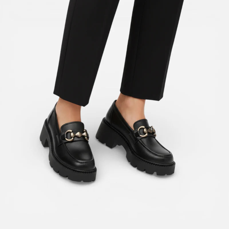 Mocassin Cuir Mat Noir Plateforme Chainette Argentée Femme