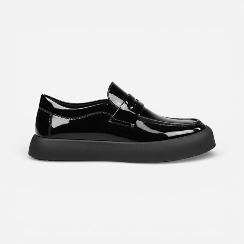 Mocassin À Semelle Epaisse Plateforme Plate En Cuir Noir Vernis Pour Homme