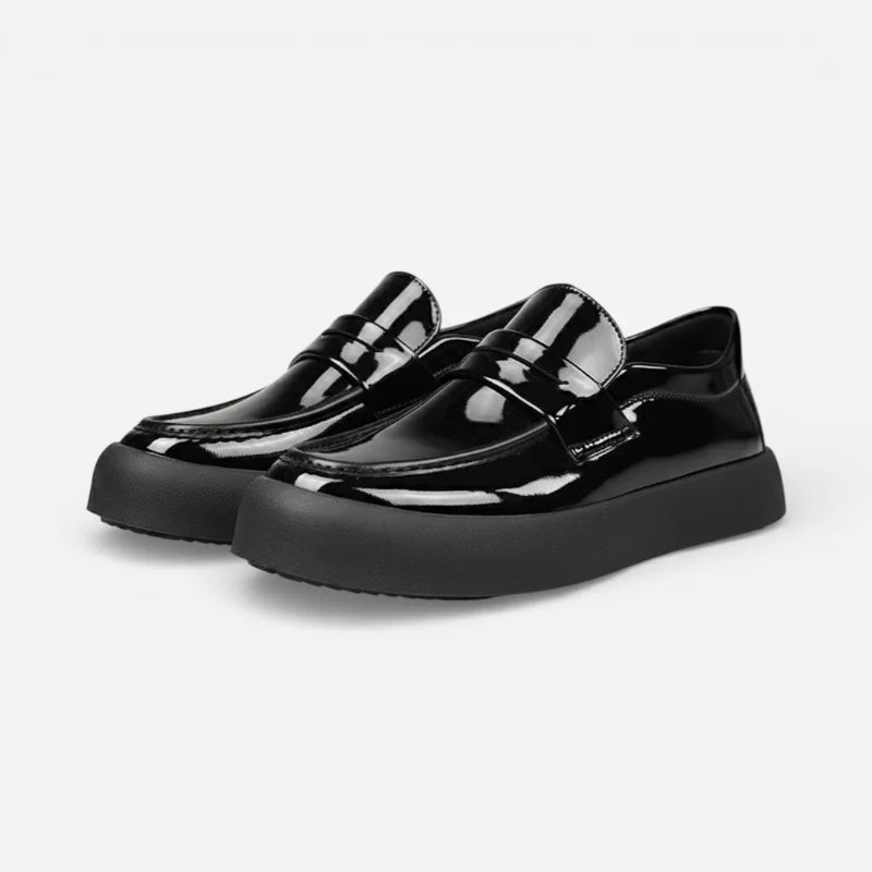 Mocassin À Semelle Epaisse Plateforme Plate En Cuir Noir Vernis Pour Homme