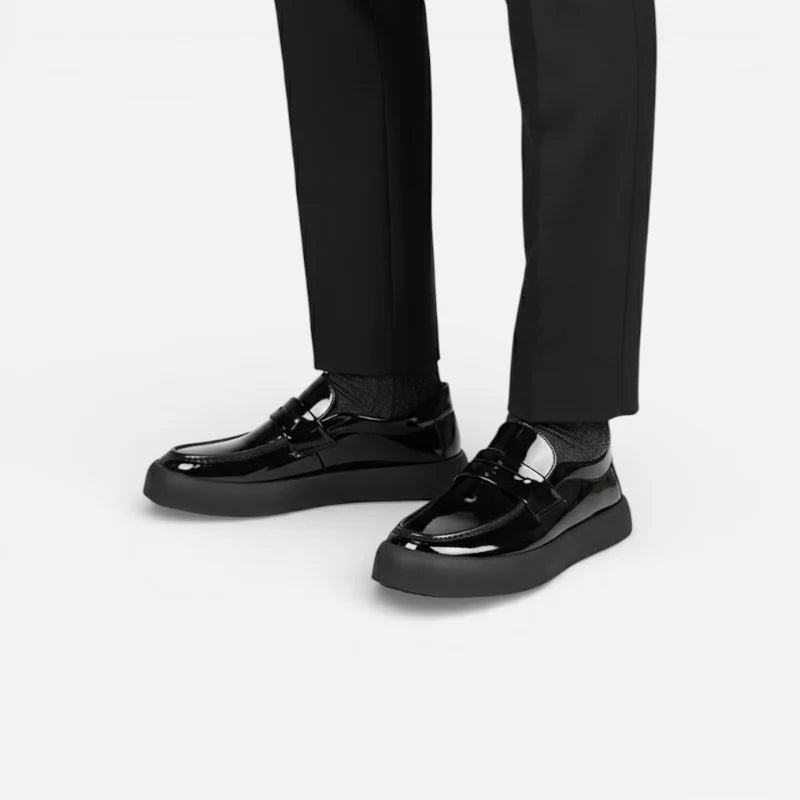 Mocassin À Semelle Epaisse Plateforme Plate En Cuir Noir Vernis Pour Homme