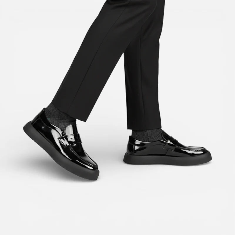 Mocassin À Semelle Epaisse Plateforme Plate En Cuir Noir Vernis Pour Homme