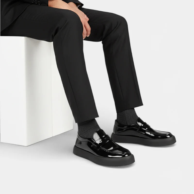 Mocassin À Semelle Epaisse Plateforme Plate En Cuir Noir Vernis Pour Homme
