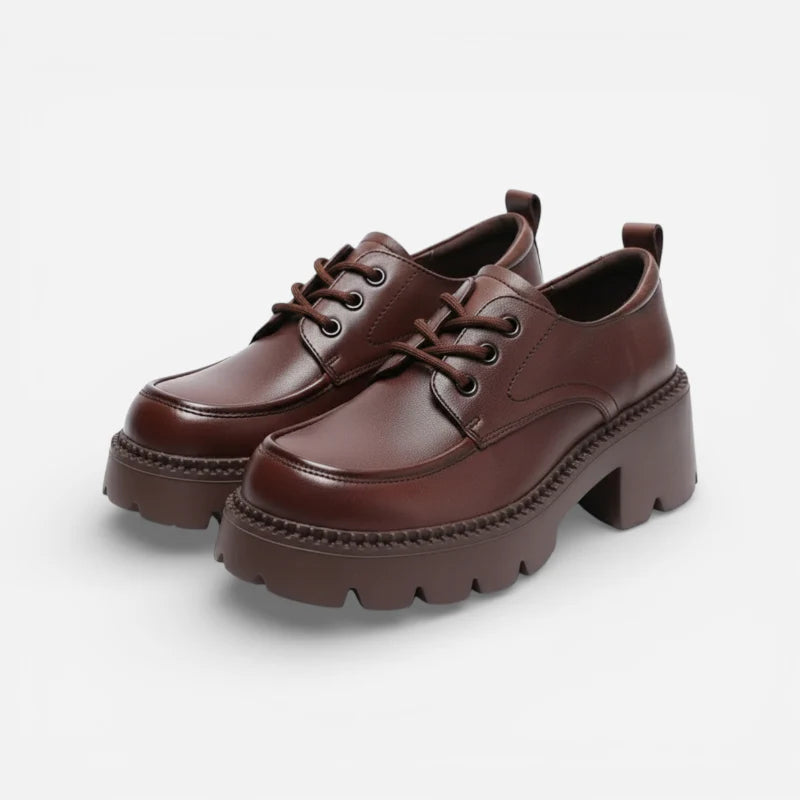 Mocassin Plateforme Cuir Marron À Lacet Et Talon Femme