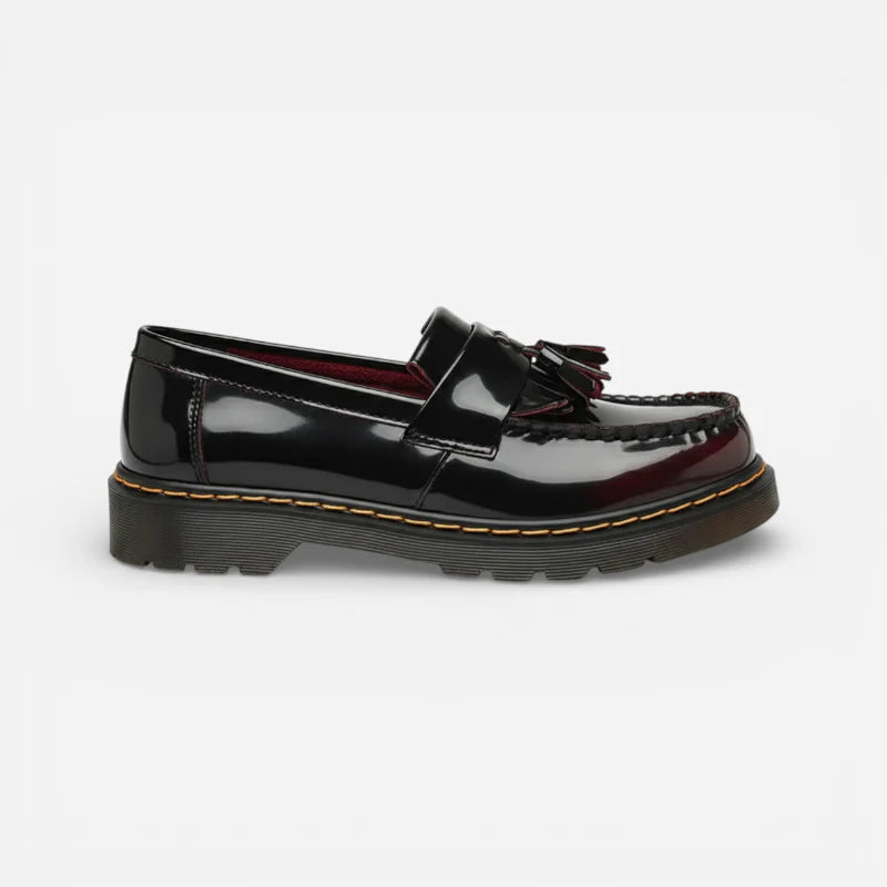 Mocassin En Cuir Vernis Noir Et Bordeaux À Glands Et Frange Femme