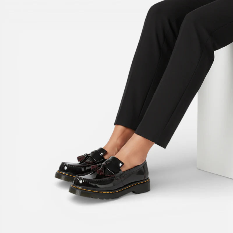 Mocassin En Cuir Vernis Noir Et Bordeaux À Glands Et Frange Femme