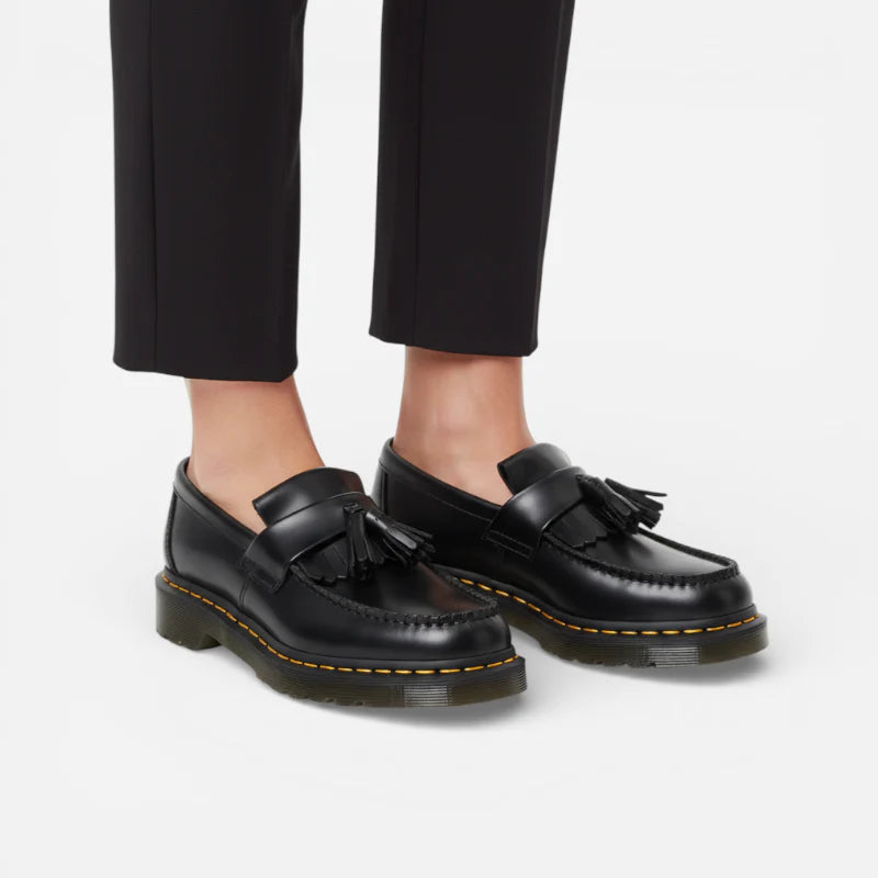 Mocassin En Cuir Véritable Noir À Glands Et Frange Surpiqure Jaune