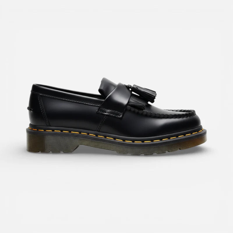 Mocassin En Cuir Véritable Noir À Glands Et Frange Surpiqure Jaune