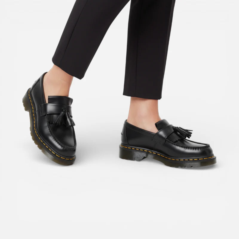 Mocassin En Cuir Véritable Noir À Glands Et Frange Surpiqure Jaune