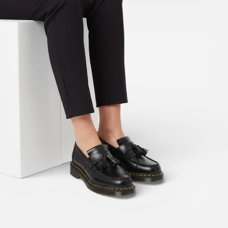 Mocassin En Cuir Véritable Noir À Glands Et Frange Surpiqure Jaune