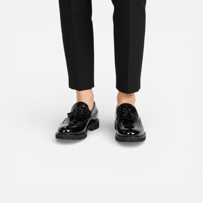 Mocassin En Cuir Noir Vernis à Motifs Compensé Pour Homme