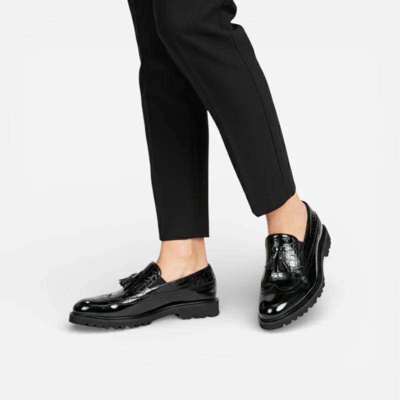 Mocassin En Cuir Noir Vernis à Motifs Compensé Pour Homme