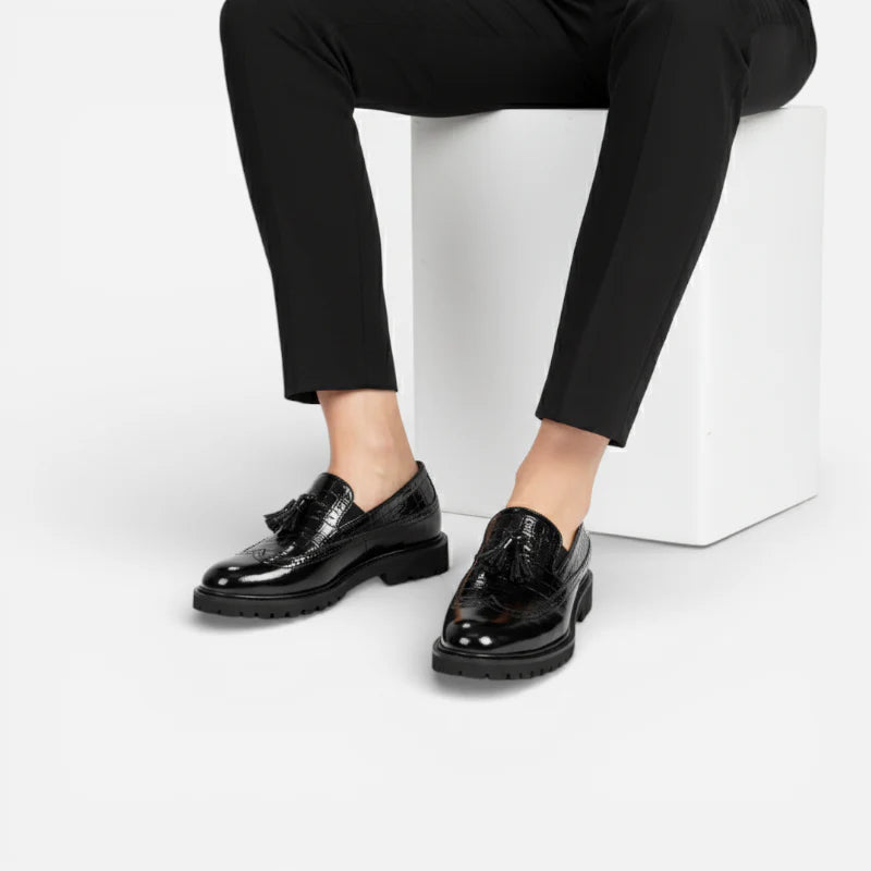 Mocassin En Cuir Noir Vernis à Motifs Compensé Pour Homme