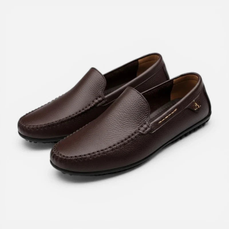 Mocassin En Cuir Véritable Marron Avec Badge Doré Pour Bateau Homme