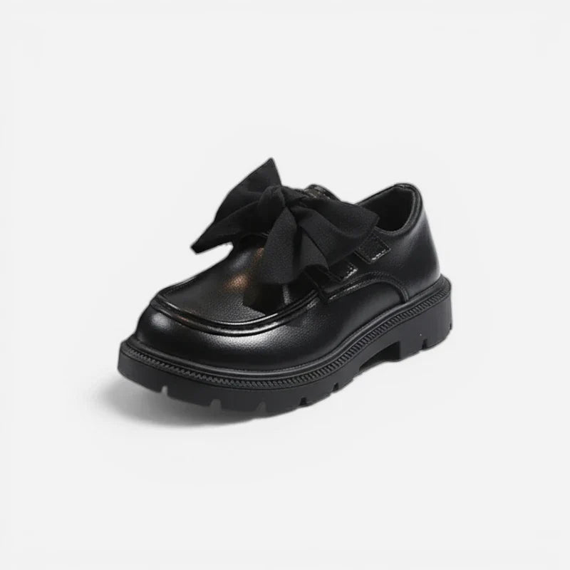 Mocassin Compensé Fillette Cuir Noir Noeud Papillon