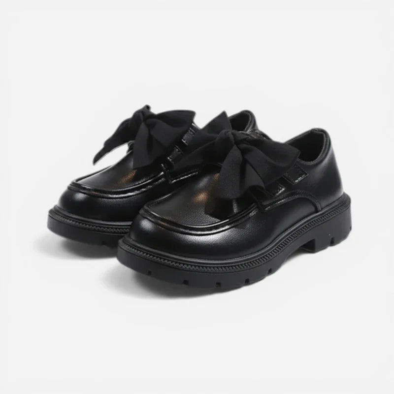 Mocassin Compensé Fillette Cuir Noir Noeud Papillon