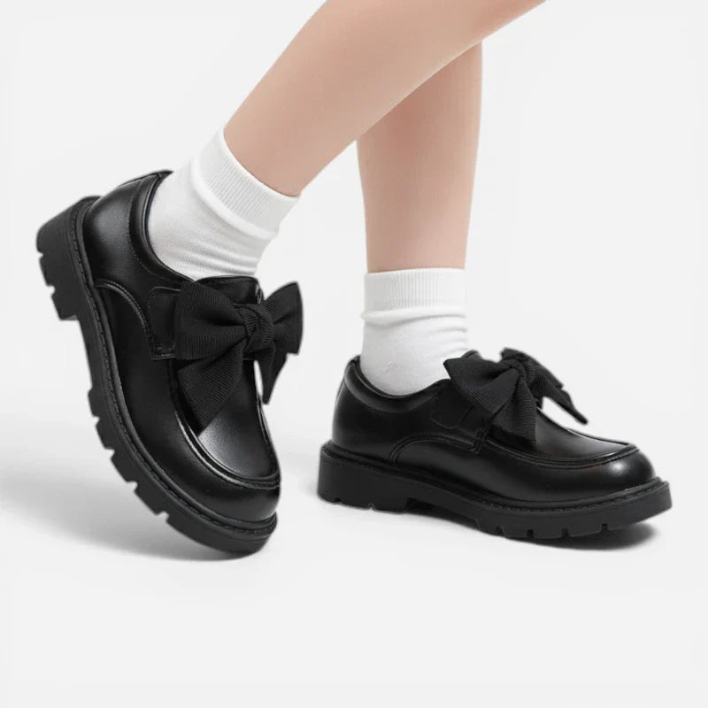 Mocassin Compensé Fillette Cuir Noir Noeud Papillon