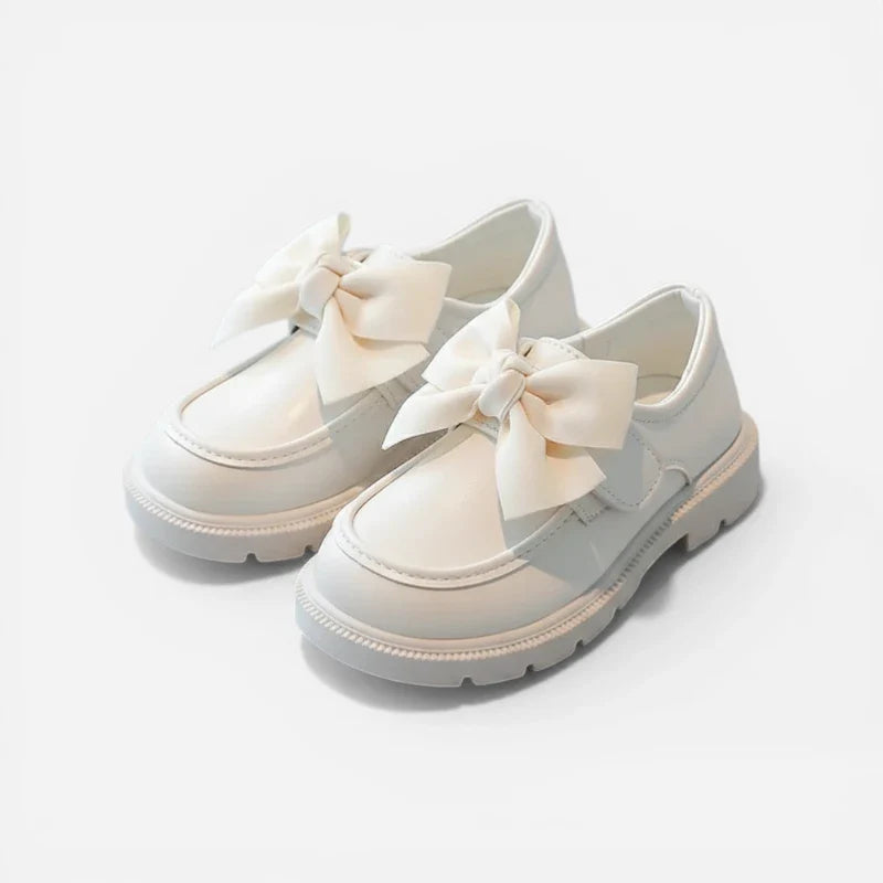 Mocassin Compensé Fillette Cuir Blanc Avec Noeud Papillon