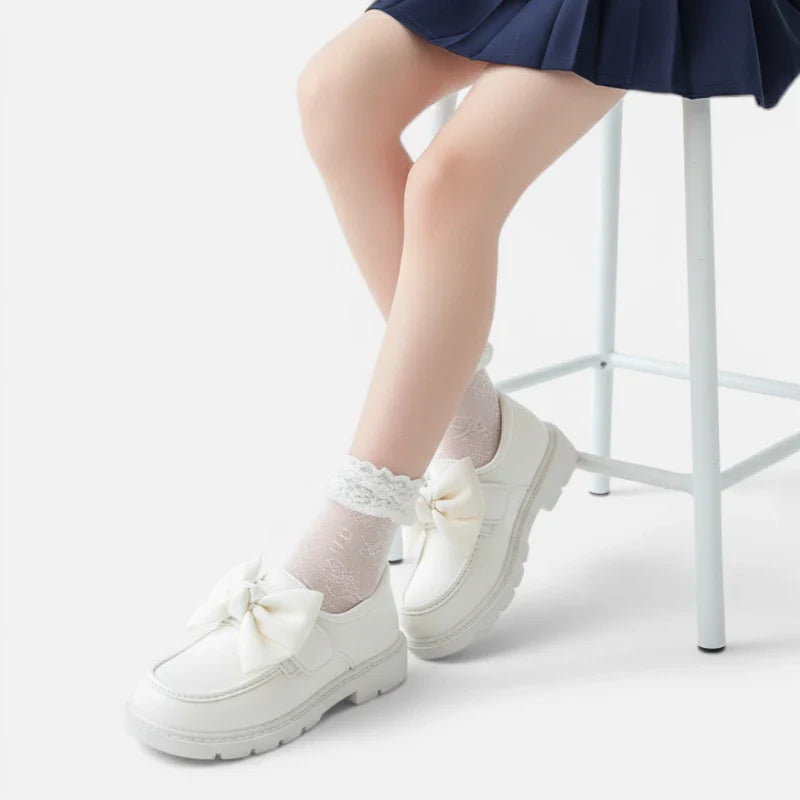 Mocassin Compensé Fillette Cuir Blanc Avec Noeud Papillon