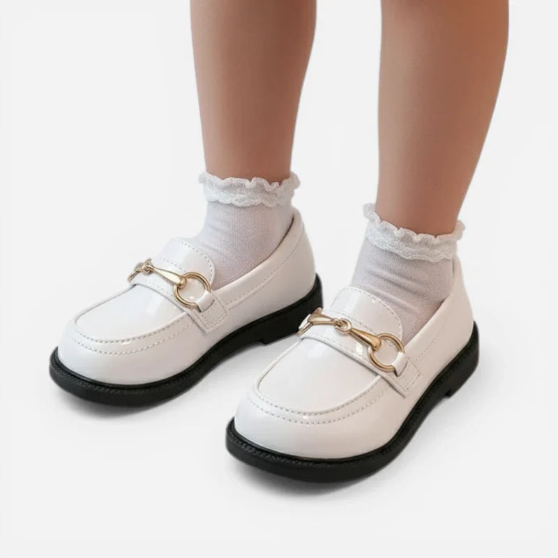Mocassin Compené Pour Fillette En Cuir Blanc Vernis à Mors