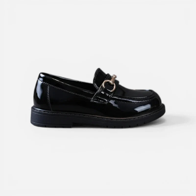 Mocassin Compené Pour Fillette En Cuir Noir Vernis à Mors