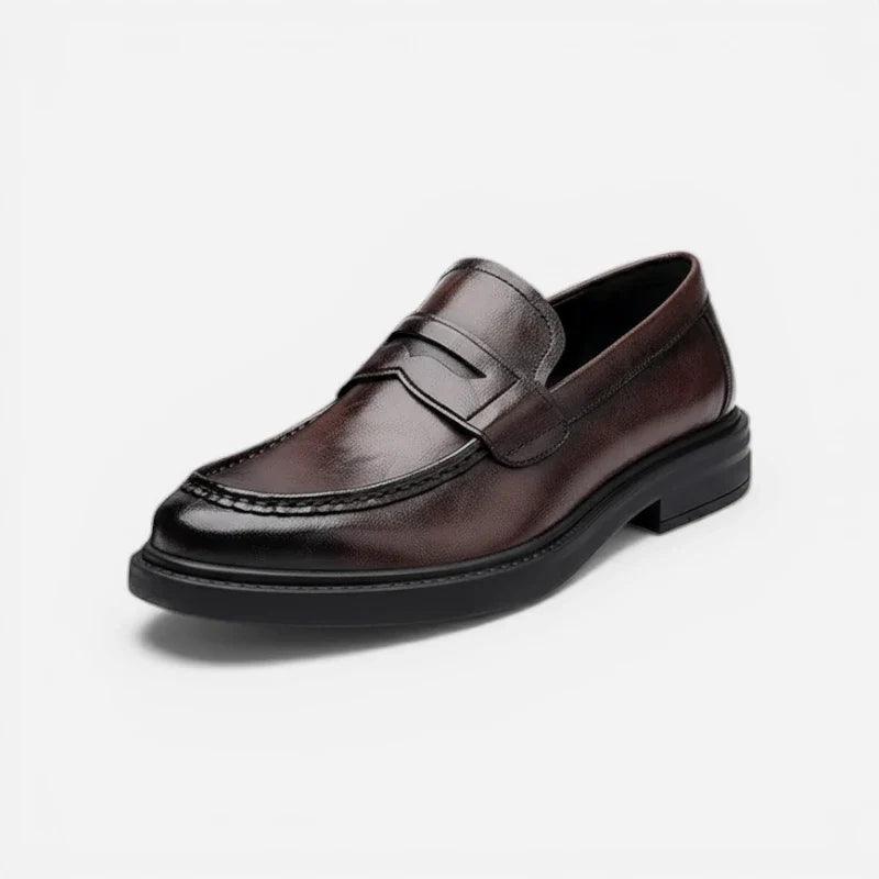 Mocassin Homme à Talon En Cuir Vintage Marron Foncé Vernis Classe Pour Costume Et Mariage