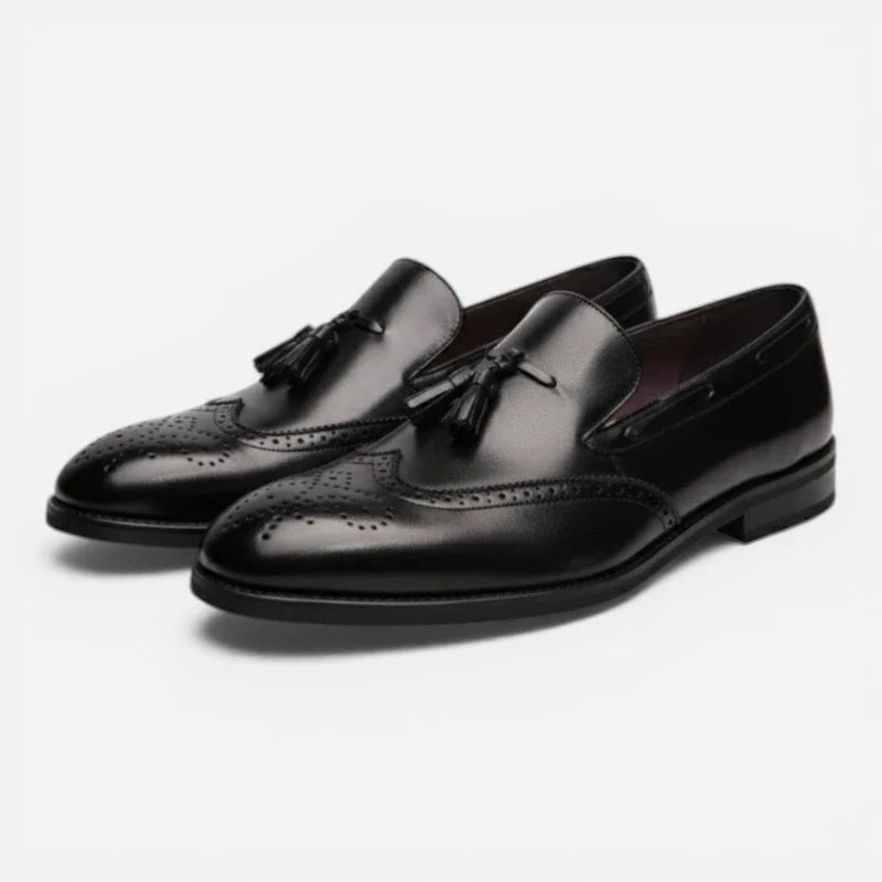 Mocassin En Cuir Vernis à Gland Noir Talon Homme