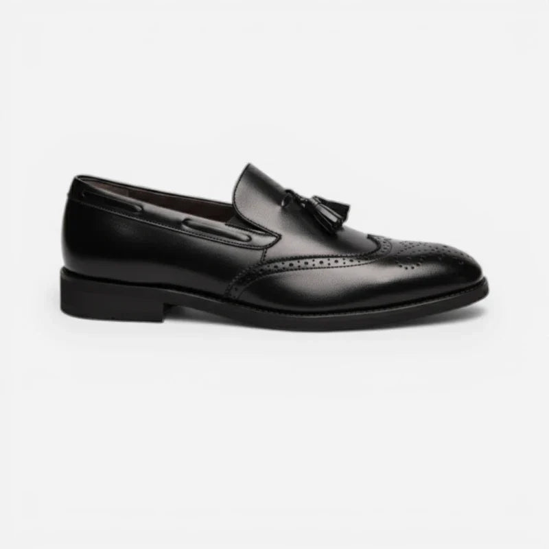 Mocassin En Cuir Vernis à Gland Noir Talon Homme