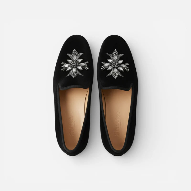 Mocassin Daim Noir Fleur Argenté Femme