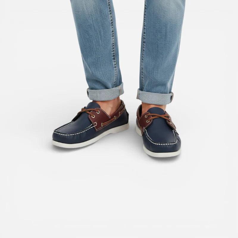 Mocassin En Cuir Marine Et Marron à Lacet Homme