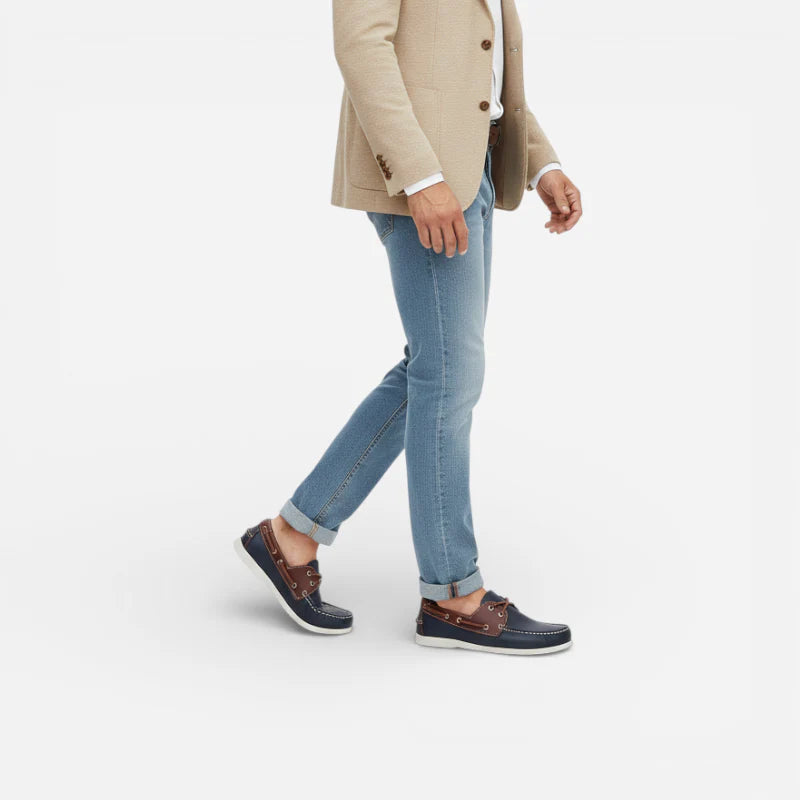 Mocassin En Cuir Marine Et Marron à Lacet Homme