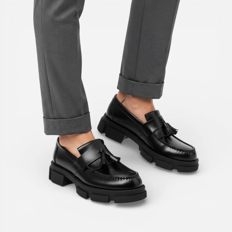 Mocassin Compensé En Cuir Noir à Gland Pour Homme