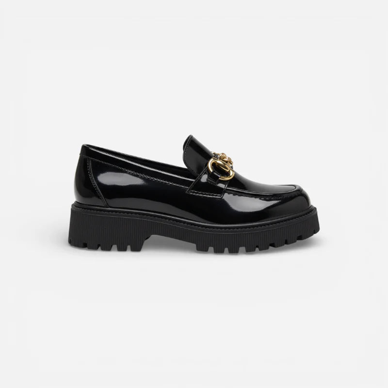 Mocassin En Cuir Noir Plateforme Vernis Brillant Chainette Femme