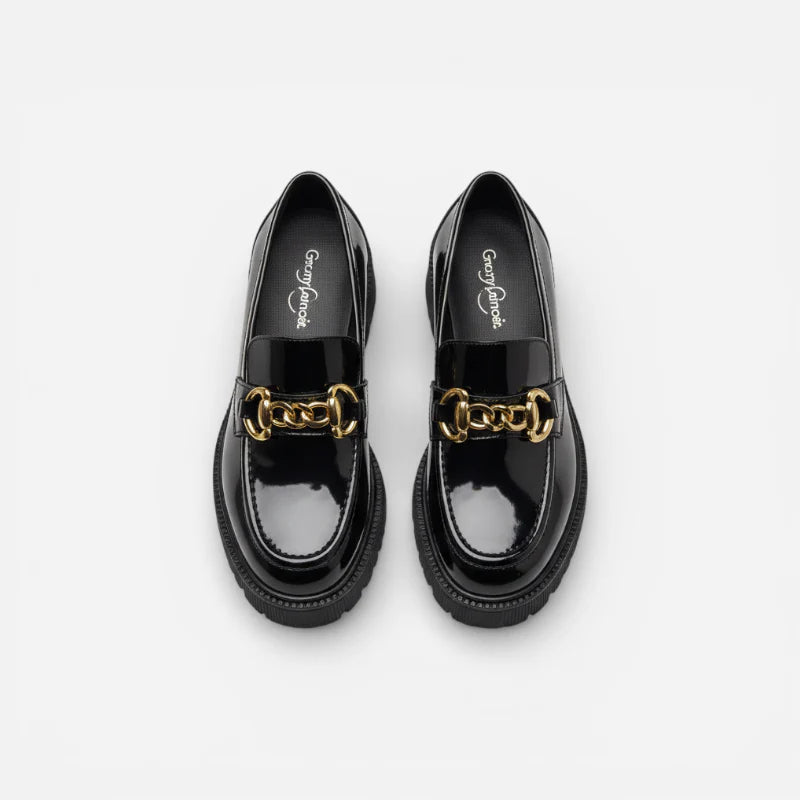 Mocassin En Cuir Noir Plateforme Vernis Brillant Chainette Femme
