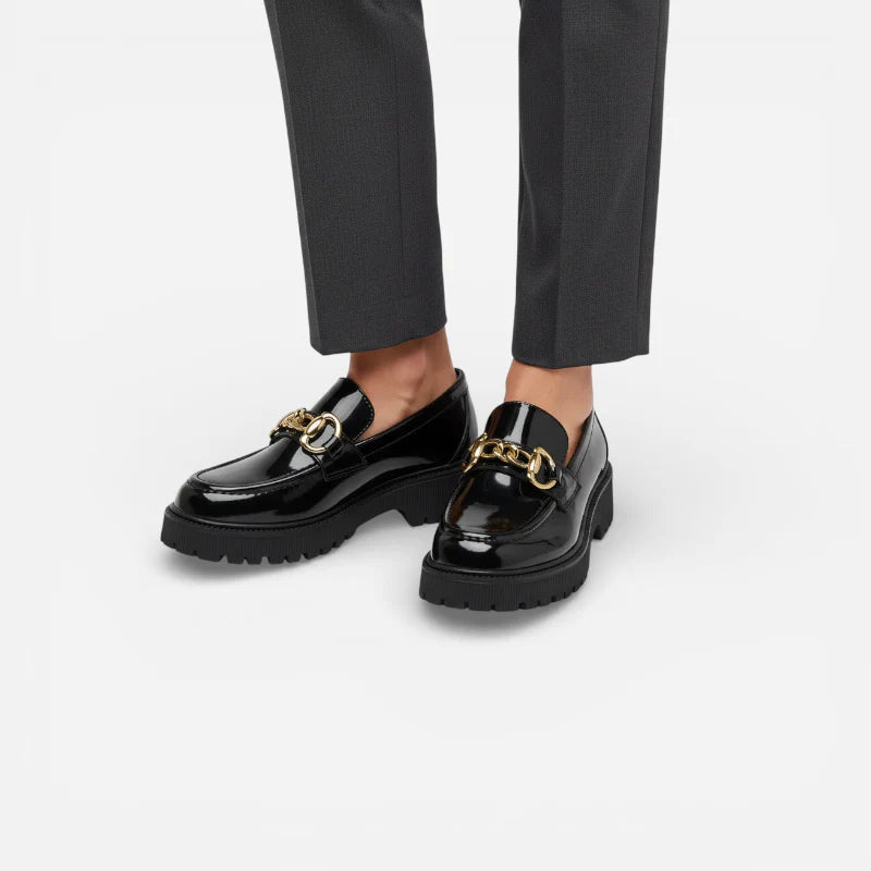 Mocassin En Cuir Noir Plateforme Vernis Brillant Chainette Femme