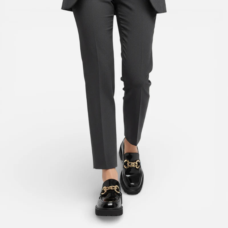 Mocassin En Cuir Noir Plateforme Vernis Brillant Chainette Femme