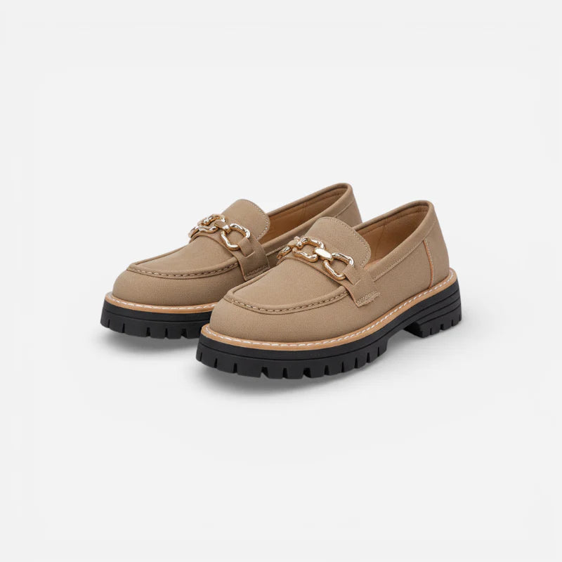 Mocassin Compensé Daim Camel Chainette Femme