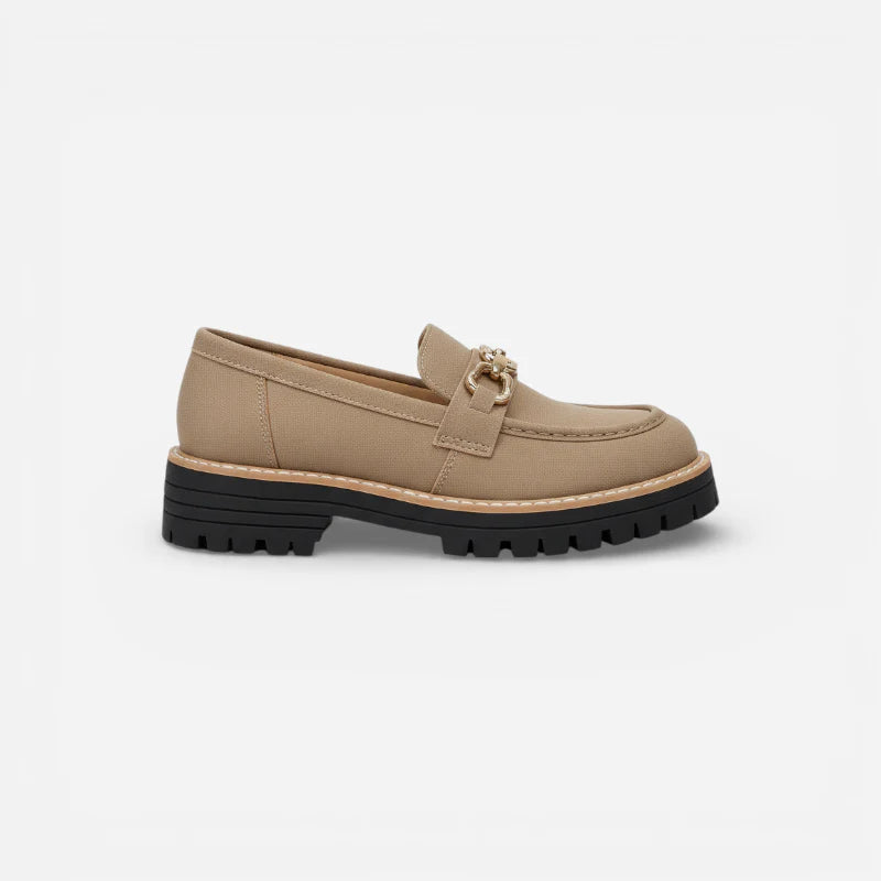 Mocassin Compensé Daim Camel Chainette Femme