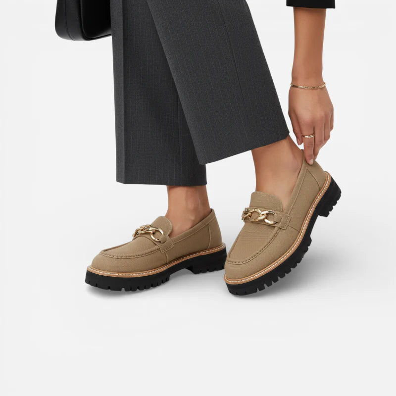 Mocassin Compensé Daim Camel Chainette Femme